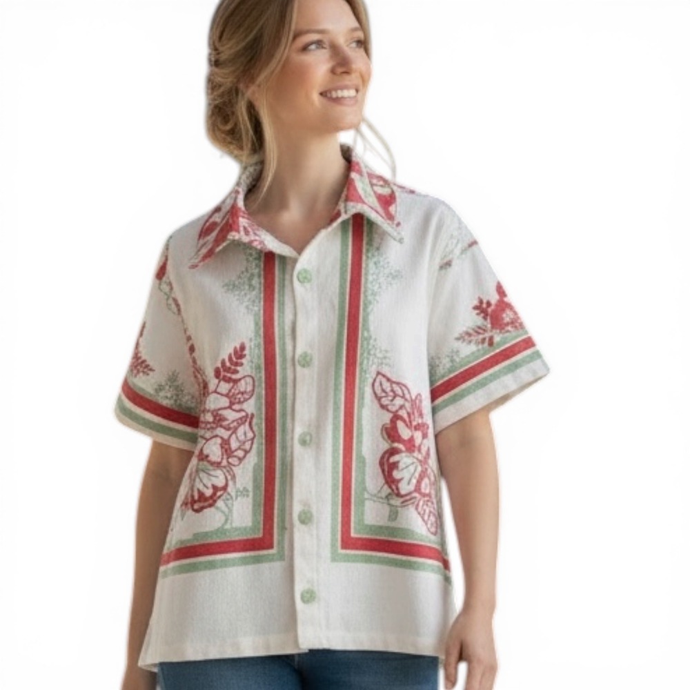 Vintage Upcycled Floral Tablecloth Print Button Up Shirt Red Green White Sz M